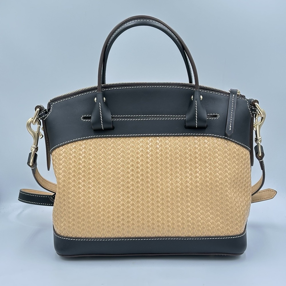 Dooney Bourke Beacon Black Brown Smooth Leather Woven Embossed Domed Satchel Bag - Picture 4 of 16
